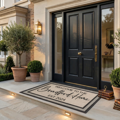 Personalized Family Name Doormat with Established Date — Custom Welcome Mat for New Home Housewarming or Wedding Gift